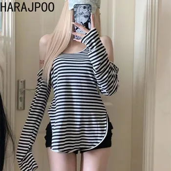 Harajpoo החדש פס חוש עיצוב שרוול ארוך Off-כתף למעלה 2023 סתיו נשים קוריאני היופי חריף בחורה משוחררת קרם הגנה טי-שירט